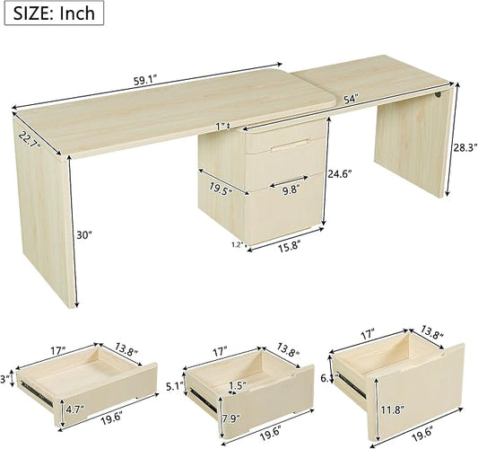 90” Modern L-Shaped Desk with 3 Drawers, 360° Wood Rotating Desk, Workstation for Home Office, Living Room, Natural Wood
