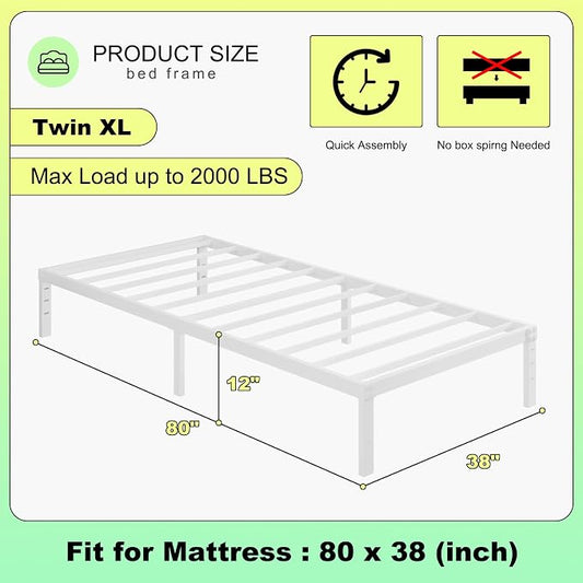 Cieemine 12 Inch Twin XL Bed Frames, Heavy Duty Metal Bed Frame Twin XL, No Box Spring Needed, Easy Assembly, Noise-Free, White