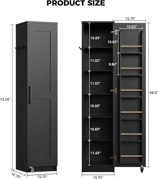 IRONCK Narrow Kitchen Pantry Storage Cabinet, 72" Slim Single Door with 6 Adjustable Shelves, Door Rack and Wheels, Space Saving Freestanding Storage Floor Cabinet for Small Place, Black