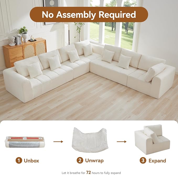 170'' Boneless Modular Couches for Living Room, Compressed Cloud Sectional Modern Sofa, L Shaped 7 Seater Upholstered Memory Foam Oversized Sofa, No Assembly, Chenille Beige
