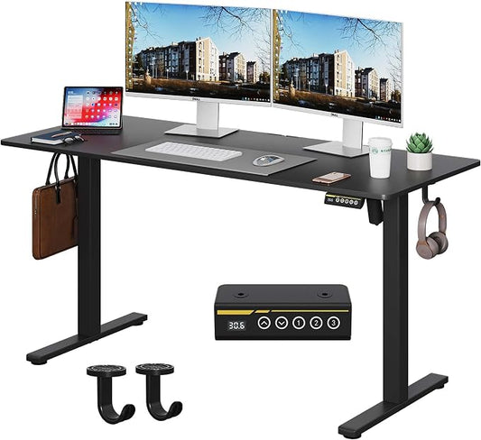 Large Electric Standing Desk,55x24 Inches Adjustable Height Stand up Desk, Sit Stand Home Office Desk, 3 Preset Heights,Equipped with Hooks,Ergonomic Computer Desk Workstation,Black