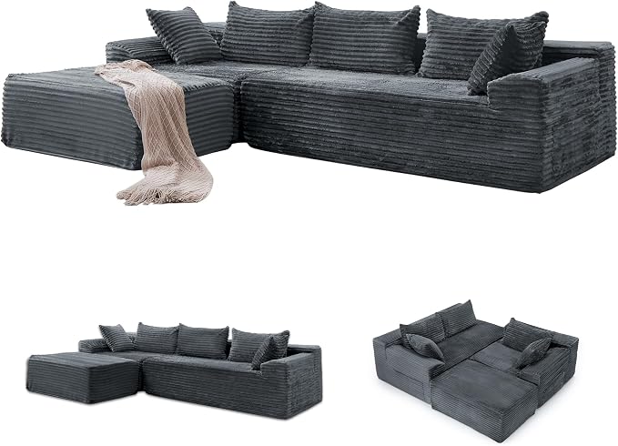 Korser 108" L-Shaped Modular Sectional Sofa with Chaise, Boneless Comfy Corduroy Fluffy Couch with Deep Seat and Side Pockets, Flexible Module Combination for Living Room, No Assembly, Side Pockets