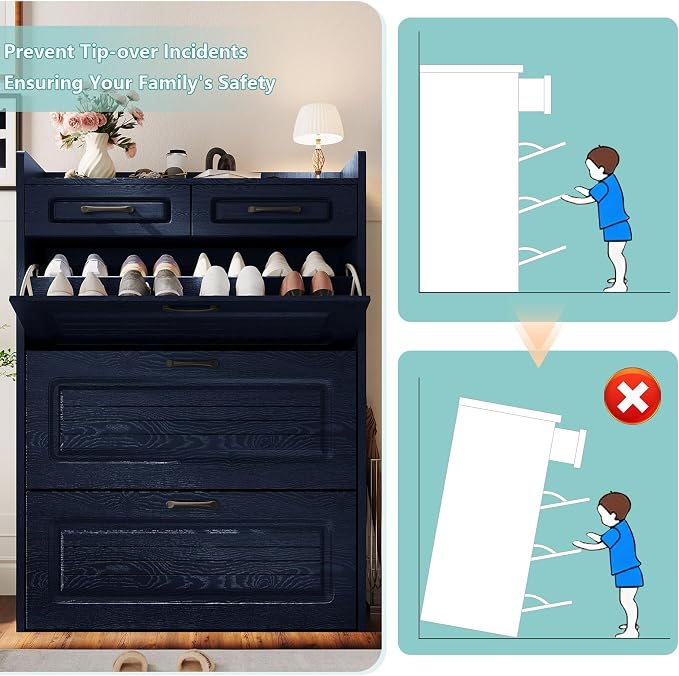 Shoe Cabinet with 3 Large Flip Drawers and 2 Storage Drawers, Narrow Shoe Organizer Cabinet Fits for Kinds of Shoes, Hidden Shoe Storage Cabinet for Entryway, Hallway, Blue