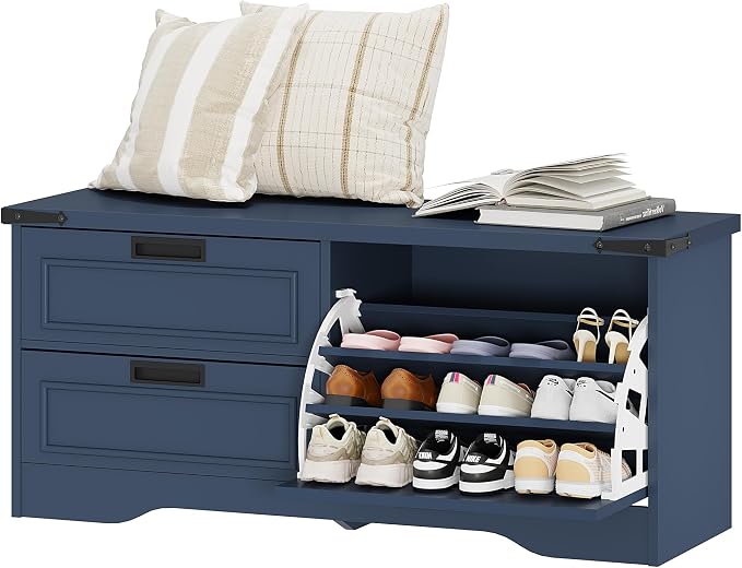 FATORRI 41 Inch Storage Bench, Industrial Shoe Bench for Entryway, End of Bed Bench and Window Bench for Living Room, Bedroom and Mudroom (Blue)