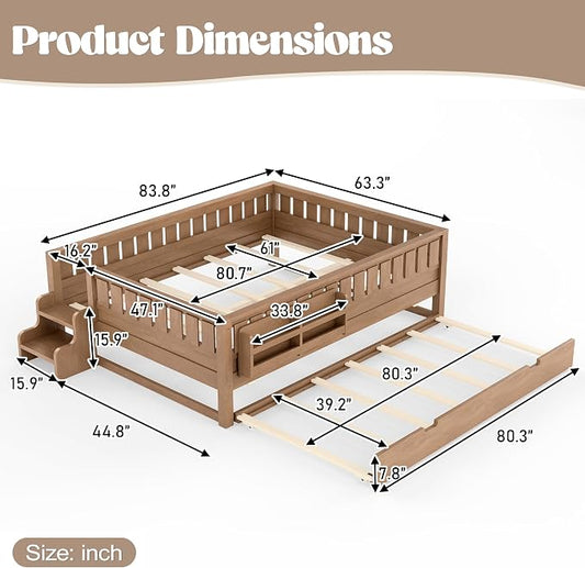 Bellemave Queen Kids Montessori Bed with Stairs, Bookshelf and Trundle, Solid Wood Kids Bed Frame with Storage for Boys Girls, Low Profile,Natural