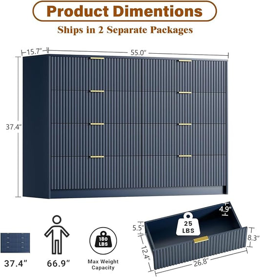Furniway Navy Blue Dresser for Bedroom, Modern Dresser with 8 Drawers and Smooth Slides, Wide Chest of Drawers with Golden Handles for Bedroom, Closet, 15.7" D x 55" W x 37.4" H