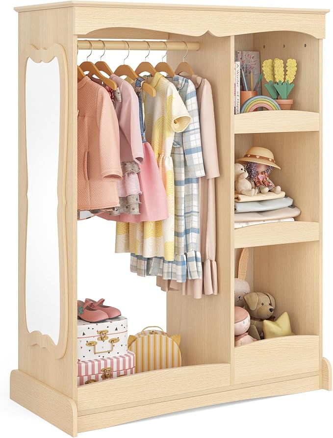 Curipeer Kids Dress Up Storage with Flower Mirror, Open Hanging Closet Wardrobe for Children, Kids Armoire & Costume Organizer for Bedroom Playroom Preschools Classroom, Wood Color