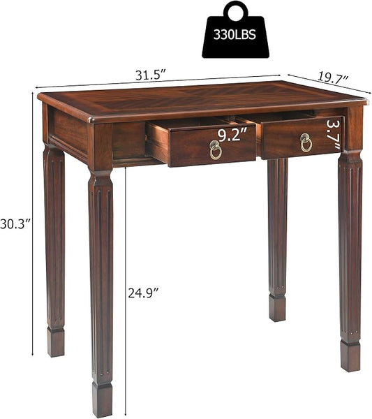Small Writing Desk With 2 Storage Drawers, 31.5" Home Office Desks , Elegant Wood Writing Desks with Carved Legs, Classic Vanity Dressing Table For Small Space Easy Assembly Caramel Brown SSZ-D1258