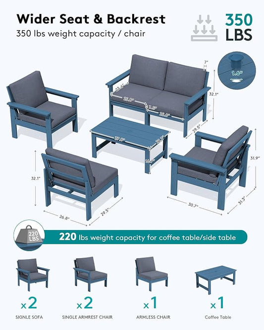 SERWALL HDPE Patio Conversation Set, 6-piece Sectional Outdoor Furniture Set, All Weather Outdoor Couch Set Patio Furniture Set for Deck, Lawn, Blue Frame with Grey Cushion