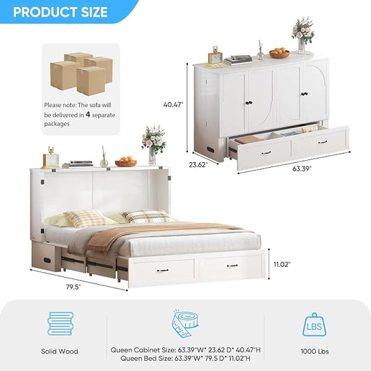 Mjkone Queen Size Murphy Bed Cabinet with Mattress Included, USB Charging Station, Storage Drawer, Panel, 63.39" Width Chest Cabinet Murphy Beds for Guest Room Small Spaces Saving Home Offices, White
