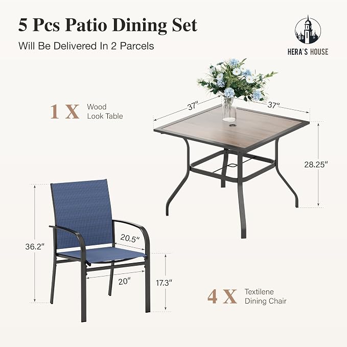 HERA'S HOUSE Patio Table and Chairs for 4, 5 Pieces Outdoor Dining Sets, Square Metal Table Set with Textilene Dining Chairs for Lawn Garden Backyard, Blue