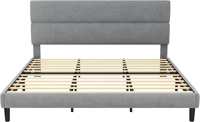 GRUSIGN King Size Platform Bed Frame with Velvet Headboard, Adjustable Height Wooden Slats Support, Upholstered Mattress Foundation, Fits Mattress or Mattress with Box Spring, Easy Assembly, Grey