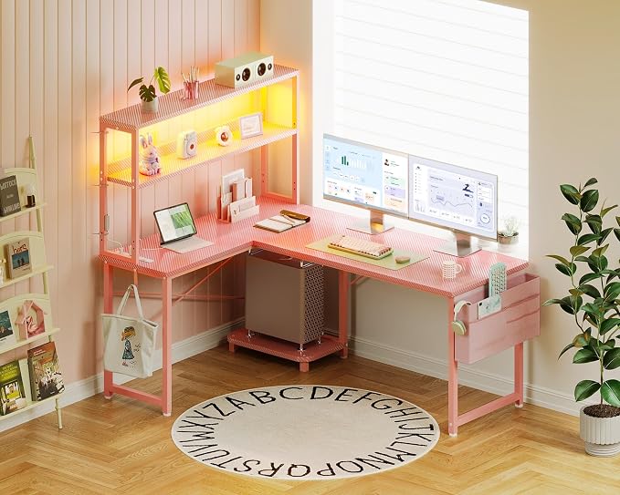 ODK 53 Inch L Shaped Desk with LED Lighting, Reversible Gaming Desk with Power Outlets, Cornor Computer Table with Storage Shelves & Bag & Iron Hook, Home Office Table for Writing, Study, Pink
