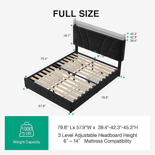 Novilla Full Size Bed Frame with Headboard, Full Size Bed Frame with Drawers, Full Bed Frame with LED Lights, Charging Station and Adjustable Headboard, No Box Spring Needed, Black Velvet
