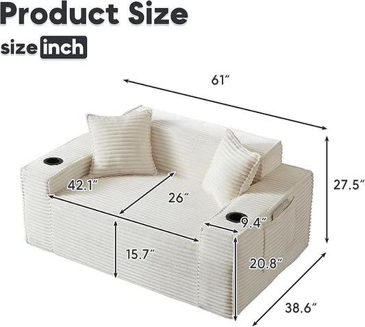 Boneless Sectional Sofa Couch with Cup Holders & Side Pockets, Modern Corduroy Fabric Deep Seat Loveseat Cloud Couch for Living Room Office, No Assembly (White)