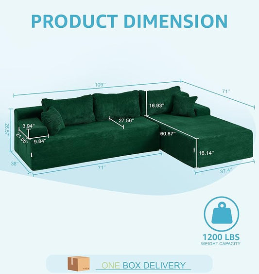 Hobestluk Modular Sectional Sofa Couches L-Shape Couch 3 Seat Modular Sofa Memory Foam Sectional Couches for Living Room, Cloud Couch with Oversized Chaise (Green Corduroy, 108", Right Hand Facing)