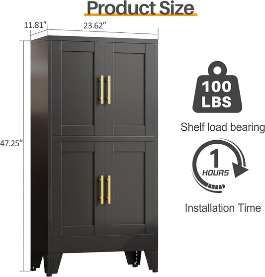 47” Black Metal Bathroom Storage Cabinet, Kitchen Pantry Cabinet | Steel Storage Cabinet with Doors and 3 Adjustable Shelves, Bathroom cabinets Organizer, for Home Office, Bedroom