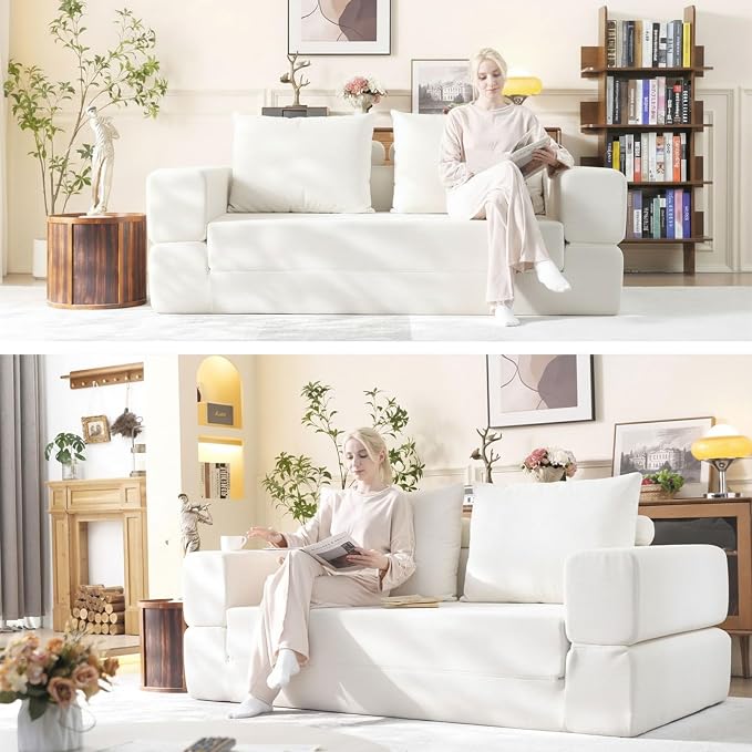 WHGBJA Oversized 79” Double Chaise Lounge Sofa Bed, Deep Seat Corduroy Cloud Loveseat Chair, No Assembly, Plush Upholstered Sleeper for Living Room or Bedroom (White)