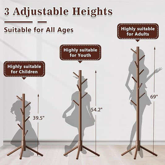 Wooden Coat Rack Freestanding with 8 Hooks,Easy Assembly New Zealand Pine Tree Coat Racks, 3 Adjustable Sizes for Clothes, Hats, Bags, for Entryway, Hallway, Bedroom, Office (Brown, 2 PCS)