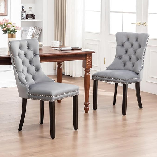Hixkol Velvet Dining Chairs Set of 2,Upholstered Dining Chairs with Ring Pull Trim and Button Back,Modern Seating for Kitchen, Dining Room & Living Room(Grey)