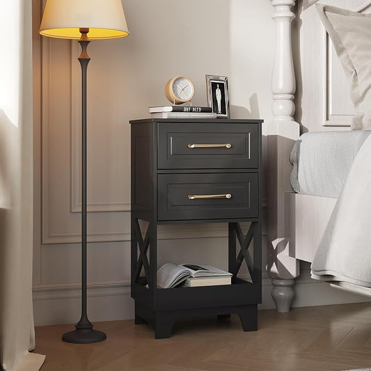Tall Nightstand Set of 2 Side Table with 2 Drawers Modern Night Stand Wooden End Table Bedside Table with Below Open Shelf Solid Feet for Bedroom Black