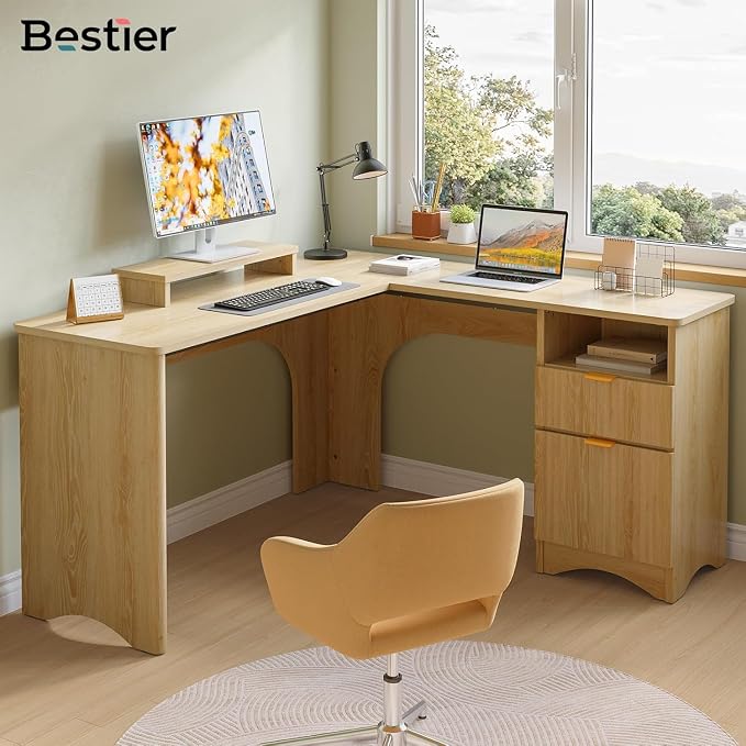 Bestier L Shaped Desk with File Drawer, 55.7" x 55" Office Computer Desk with Round Corners, Modern Desk with Monitor Stand & Fluted Panels for Home Office, Natural Oak