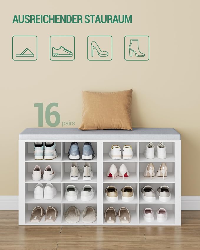Hzuaneri Shoe Bench with Cushion, Entryway Storage Bench with 16 Cubbies, Cubby Shoe Rack with Adjustable Shelves, Shoe Organizer Cabinet for Living Room, Bedroom, Entryway, White SB25603GY
