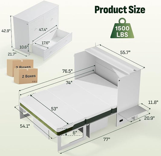 Softa Full Murphy Bed Cabinet with 6" Tri-Fold Mattress, Storage Drawer & Charging Station, 1200 Lb Heavy Duty Wood Wall Bed with Fold-Down Desk for Guest Room & Home Office, No Box Spring Needed
