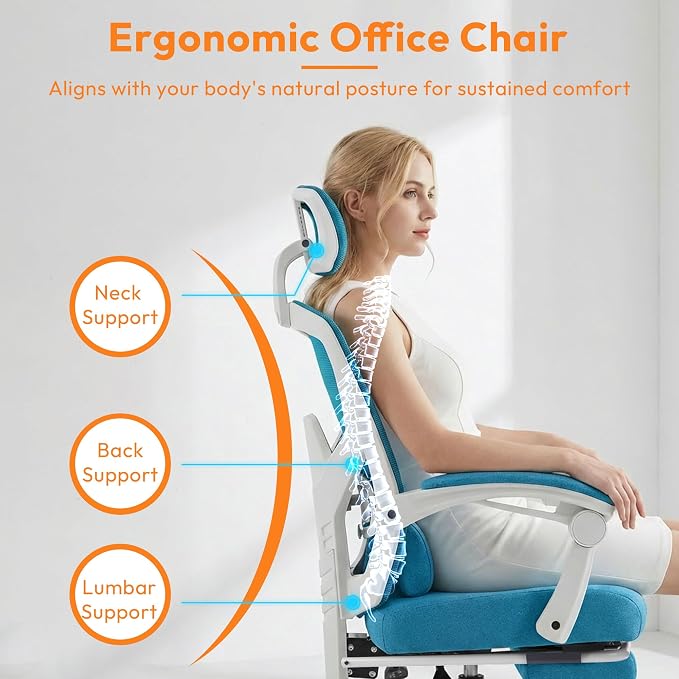 Ergonomic Desk Chair, High Back Office Chair with Wheels and Arms, Computer Chair with Footrest, Swivel Reclining Gaming Chair with Headrest, Comfy Armrest for Home, Office, Work, Study, Elegant Blue
