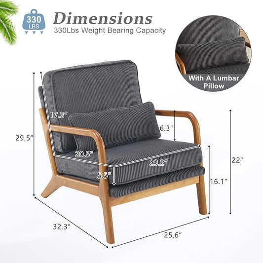 VINGLI Upgraded Premium Corduroy Accent Chair,Upholstered Arm Chair,Solid Wood Comfy Reading Chair with Lumbar Pillow, Mid Century Modern Chairs for Living Room,Bedroom,Dark Grey