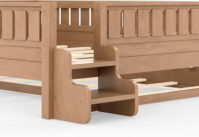 Bellemave Queen Size Kids Bed with high Rails and with Built-in Bookshelf and Trundle for Kids, Girls, Boys, Wood Montessori Bed Without Door, Natural
