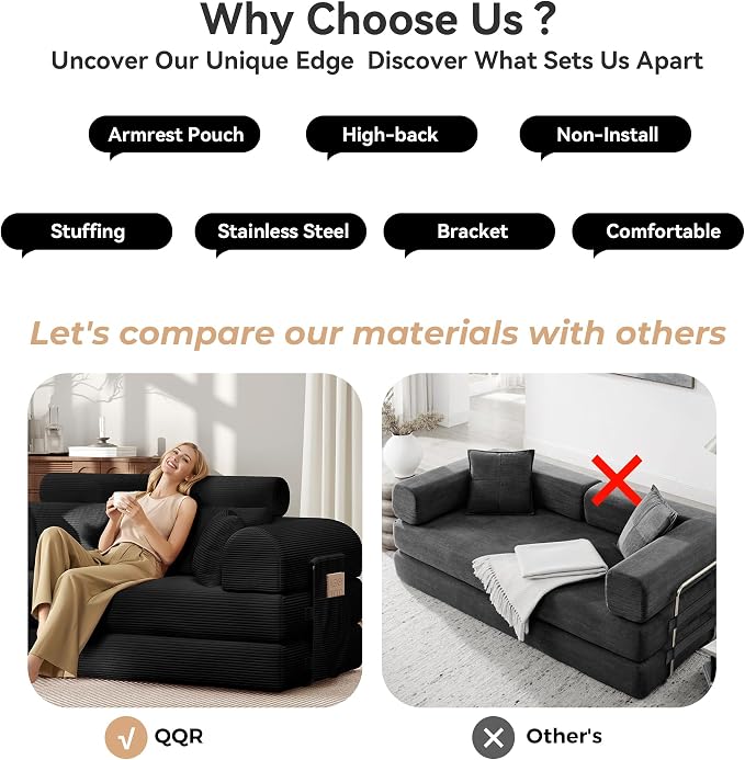 Upgrade High Backrest Design Sofa Bed with Fixed-Shape Frame & Removable Armrests and Backrest, Corduroy Fabric, Convertible Mattress Couch for Small Spaces - No Assembly Needed (Black)