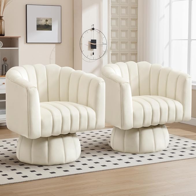 Swivel Accent Barrel Chair Set of 2- Cute Comfy Small Round 360° Arm Chair Velvet Sofa Club Reading Chair for Living Room Bedroom Office Beige