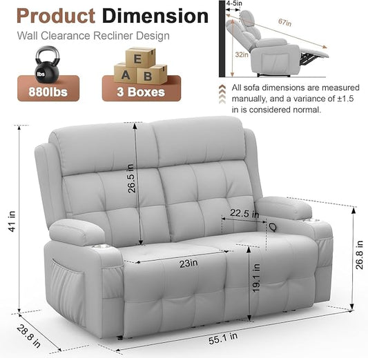 Reclining Loveseat, 55.1" RV PU Leather Wall Hugger Recliner Love Seats Sofa with Charging Station, Removable Armrest, Cup Holder, Double Recliners Couch, Manual Love Seat for Living Room