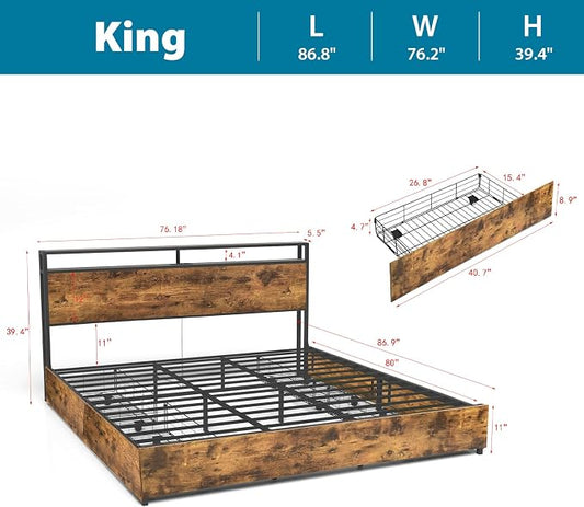 Kiivakii King Size Bed Frame with 4 Storage Drawers, LED Platform Bed with Headboard, Built in Charging Station, Noise Free, Metal Support Base, No Box Spring Needed, Rustic Brown