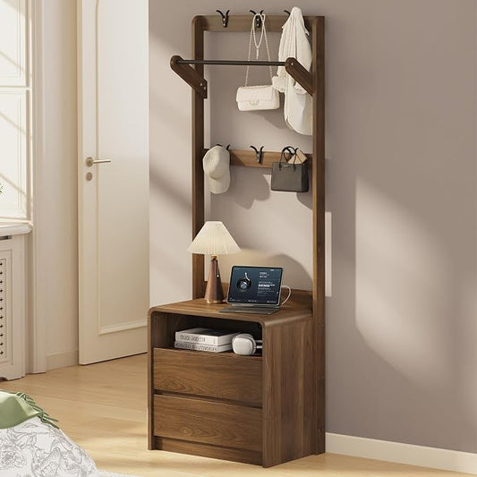 Messenya Mid Century Modern Bedroom Nightstand with Clothes Rack and Hooks | Bedside Table with Hanging Rod, 6 Storage Hooks, Charging Station, Dual Drawers, Rounded Corner, Open Shelf, Walnut Finish