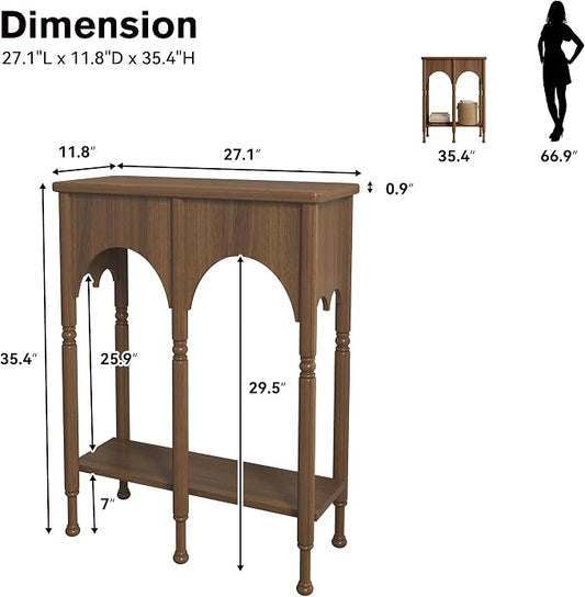 Console Table with Storage Shelf, 28" Retro 2-Tier Entryway Table, Wooden Sofa Table with Roman-Style Legs for Living Room, Hallway, Brown
