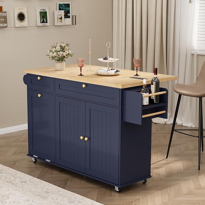 ComfyCorner 60" Rolling Large Kitchen Island on Wheels with Extendable Table, Drop Leaf & Power Outlet, Mobile Kitchen Cart with Storage Cabinet, 2 Drawers, Spice Rack, Towel & Knife Holder, Blue