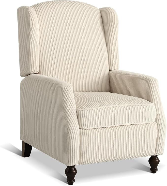 Upholstered Wingback Recliner Chair, Cozy Corduroy Manual Push Back Recliner for Living Room, Bedroom (1, Beige)