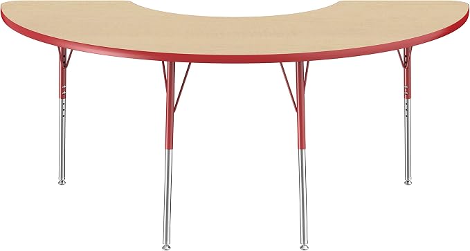 FDP Half Moon Activity School and Office Table (36 x 72 inch), Standard Legs with Swivel Glides for Collaborative Seating Environments, Adjustable Height 19-30 inches - Maple Top and Red Edge
