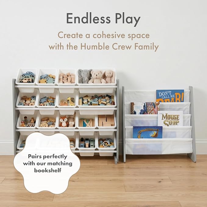 Humble Crew Toy Storage Organizer with 16 Removable Storage Bins for Kids Playroom, 4-Tier Toddler Toy Organization and Storage, Grey/White