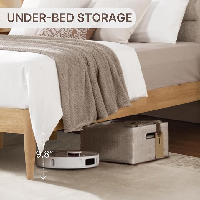 KISLOT Wood Bed Frame with Upholstered Headboard Wooden Platform with Silent Slat Support Mattress Foundation No Box Spring Needed, Easy Assembly