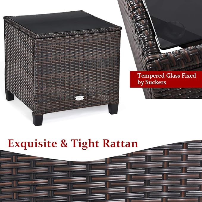 COSTWAY 3PCS Patio Furniture Set, PE Rattan Wicker Sofa w/Washable Cushion and Coffee Table, Tempered Glass Tabletop, Outdoor Conversation Set for Balcony, Porch, Yard, Backyard, Lawn, Red