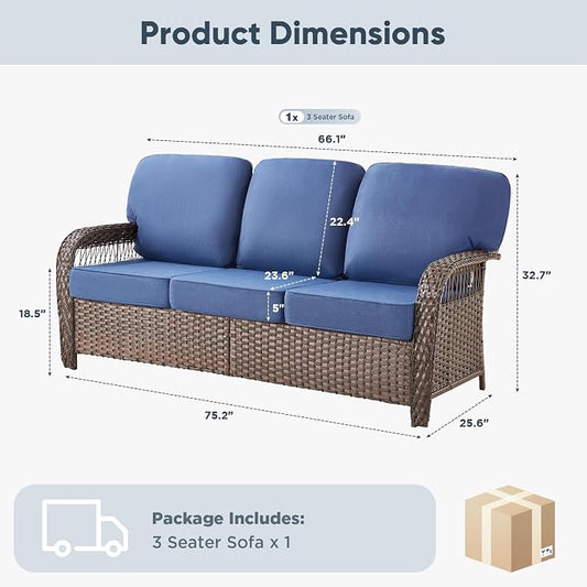Belord Luxury Outdoor High Back Couch, All-Weather Wicker 3-Seater Sofa, Wicker Patio Furniture for Deck Porch Garden,Blue