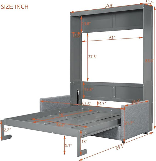 Ball & Cast Murphy Bed Full Size Wall Bed with Sofa,can be Folded,Multifunctional Wood Hideaway Cabinet Bed Frame,Slat Support,Save Space,for Apartment,Guest Room,Gray
