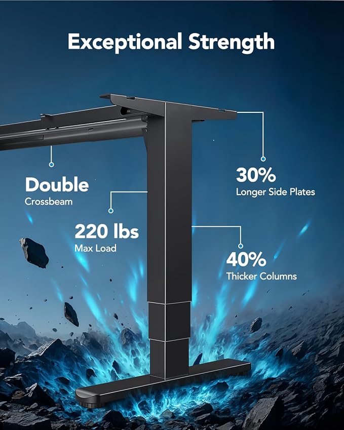 HUANUO Standing Desk Frame with 220lbs Powerful Brushless Motor, Double Crossbeam Structure, Thick Adjustable Desk Legs, for Max 35.4″ x 86.6″ Desktop, for Home Office, Black Frame Only