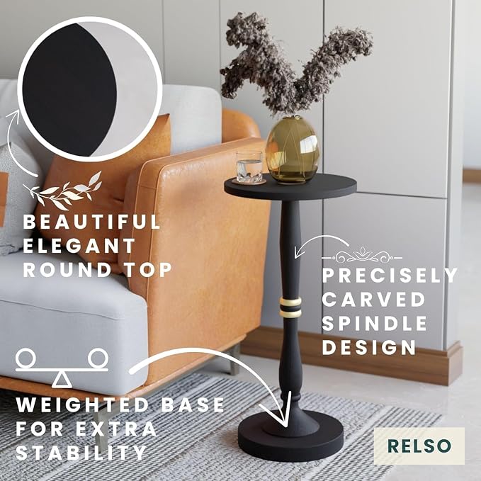 Relso Sceptrum Solid Wood Black Side Table - 24" Tall, Round End Table For Living Room Or Bedroom, Compact Narrow Accent Plant Stand Or Beverage Table With Simple Setup For Small Areas | Easy Assembly