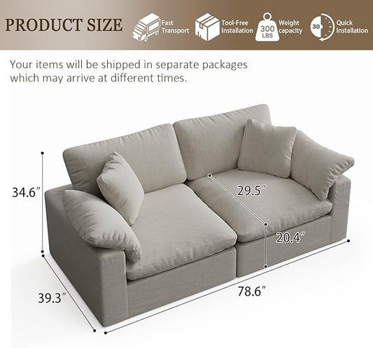 Modular Sectional Sofa Cloud Couch,78.6" Down Filled Comfy Cloud Modern Sofa,2 Seater with Light Beige Linen Couch Cushion Covers Removable Furniture for Living Room