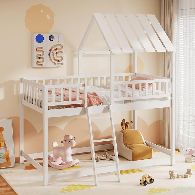 Giantex Twin Over Twin House Bunk Bed, Low Loft Bed Frame with Roof, Wood Bunk Bed with Ladder & Full-Length Guardrails, Twin Floor Bed for Kids Teens Boys Girls, No Box Spring Needed (White)
