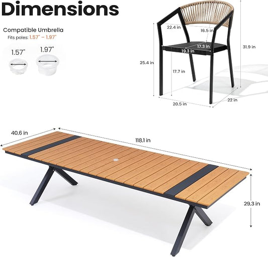 Pellebant Aluminum 13-Piece Outdoor Dining Table Set for 8-12 Person | Patio Stackable Chair with U-Shaped Wicker Backrest, 118" Table with Wood-Grain Top & Umbrella Hole, Aluminum Frame Furniture